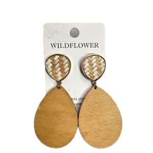 Wildflowers Boho Tan Woven & Wood Teardrop Earrings